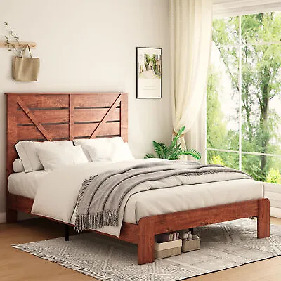 Farmhouse Wood Platform Bed With Headboard W/Solid Wood Slats And Metal Frame • $227.86