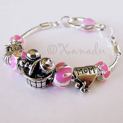 Pink Baby Girl Shower European Charm Bracelet With Mom Stroller Rattle Beads • $19.99