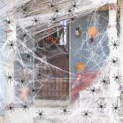 2 X Stretchy Spider Web Cobweb With 30 Scary Spiders Halloween Party Decoration • £3.95