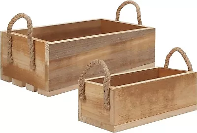 Wooden Storage Crates With Rope Handles 2 Pack - Open Top Nesting Pallet Boxes • £27.99