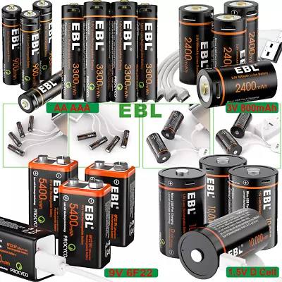 EBL AA AAA D Cell 9V Lithium Li-ion Battery USB Rechargeable Batteries Lot • $21.39