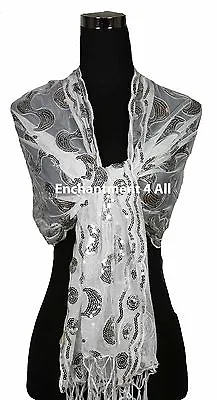 Handmad Lace PAISLEY Art Scarf Wrap W/ Sequin & Crochet Fringe Off White/Silver • $11.99