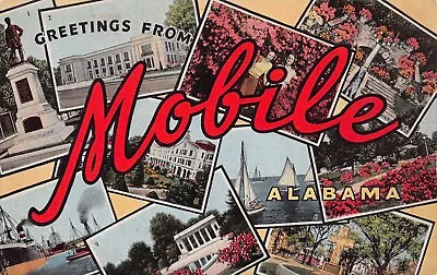 Mobile Alabama Greetings From Larger Not Large Letter Linen 32278N-109 Postcard • $5