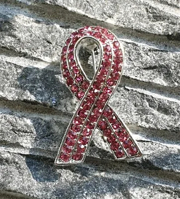 Breast Cancer Awareness Silvertone & Deep Pink Crystal Ribbon Brooch Pin • £6.25