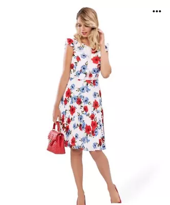 Review Poppy Fields Dress Womens Size 10 Floral Fit & Flare White Red Blue Flutt • $50