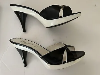 Vintage Mixit Slide Shoes Rockabilly Pin Up Lolita Size 8 Black White Open Toe • $17.50