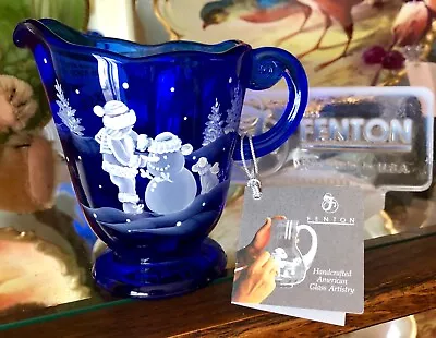 Fenton Cobalt Blue Small Pitcher Child With Snowman Artist Mendenhall Tag Nib • $188