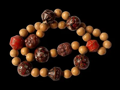 Fine Antique Japanese Lacquered Ojime Bead Necklace 10 Ojime Plus Wooden Beads • £200