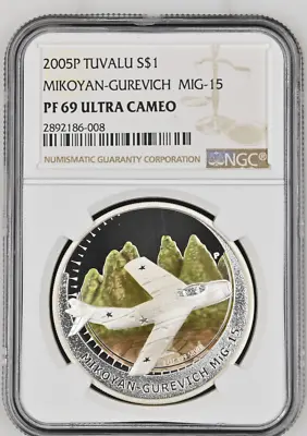 1 Dollar 2005 Tuvalu Mikoyan Gurevich Mig 15 Silver Proof Ngc Pf69 • $180