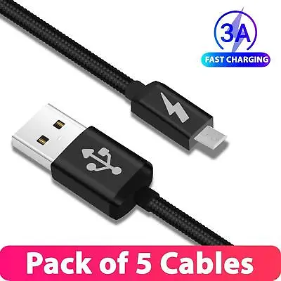 Pack Of 5 - Braided USB Micro Quick Fast Charging High Speed Data Charger Cable • £6.99