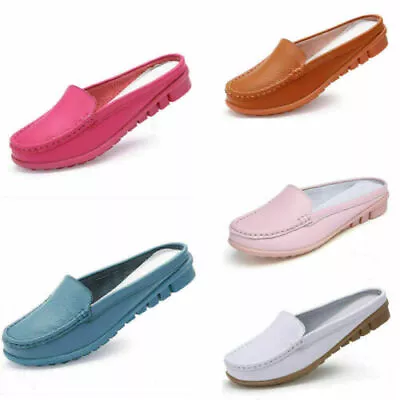 Ladies Slip On Leather Loafer Mules Flats Backless Moccasins Casual Slider Shoes • £12.14