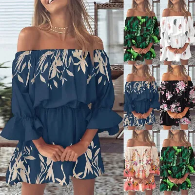 BOHO Women Holiday Off Shoulder Bardots Top Summer Mini Beach Dress Dresses Size • £14.18