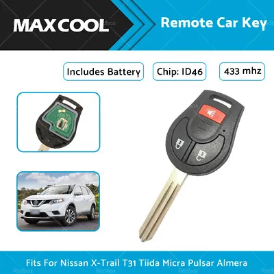 433MHz Car Remote Key For Nissan X-Trail T31 Tiida Micra Pulsar Almera 3 Buttons • $26.40