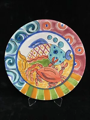 Vicki Carroll Pottery Signed 14.5” Round Serving Plate Bright Fish Crab VCk • $62.49