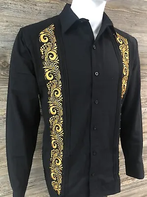 Mens Mexican Guayabera Wedding Dress Shirt Black Linen Gold Embroidery • $70