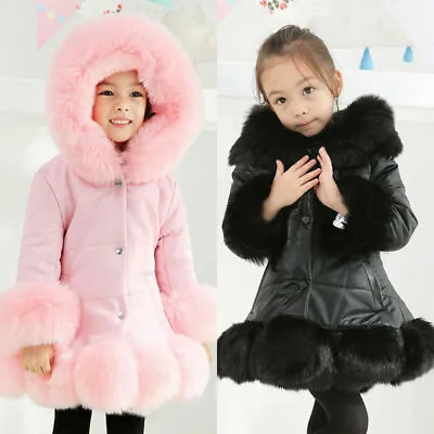 Girls Child Kids Quilted Winter Coat Jacket Puffer Fur Hooded Long Parka Coat // • £38.90