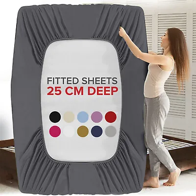 £8.99 • Buy Full Fitted Bed Sheet Extra Deep 25 Cm Single Double Super King Size Sheets UK