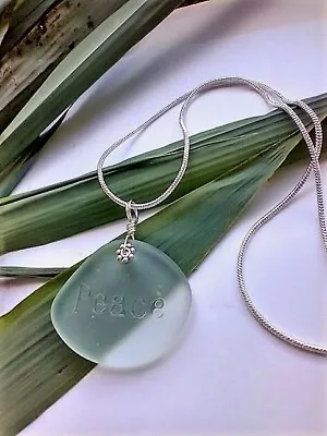 Engraved Inspirational  PEACE  Aqua Blue Sea Glass Pendant Snake Chain Necklace • $13.99