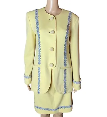 Zang Toi Womens Wool Blazer Jacket Skirt Suit Yellow Crochet Buttons Size 4 • $49.99