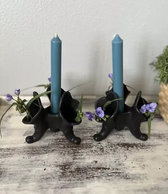 Vtg Van Briggle Art Pottery Black Matte Glaze 3 Tulip Vase Candle Holders Pair • $55