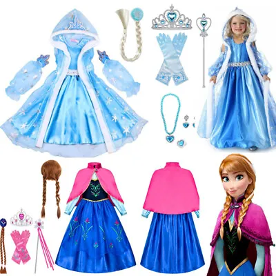 Kids Girls Anna Elsa Princess Costume Party Cosplay Fancy Dress Wig Hoodie Cape • £3.69