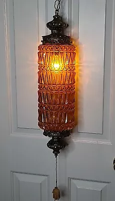 1960s 70s MCM Hollywood Regency Amber VTG Hanging Swag Lamp 6 X 24  Very Nice • $365