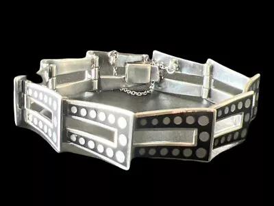 Margot De Taxco Mexican Sterling Silver Black Enamel Modern Dots Bracelet • $995