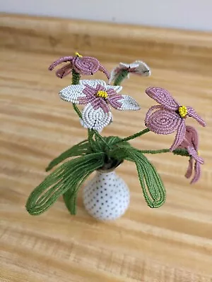 Vtg. Handmade Beaded Flowers Bouquet In Vase Set: France. • $35