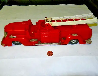 Saunders Red Plastic Ladder Fire Truck - 12 Inch - Friction With Siren - Damaged • $10