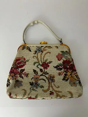 VINTAGE J R USA Needlepoint Hinged Purse Handbag 15 X 11 X 4 • $35