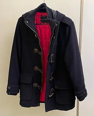 TOMMY HILFIGER Wool Jacket DUFFLE Coat Mens Size S Blue Hooded • $50