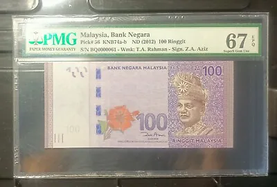 Malaysia Banknote Rm100 Pmg67epq Low Number Bq0000061 Zeti Gabenor • $118