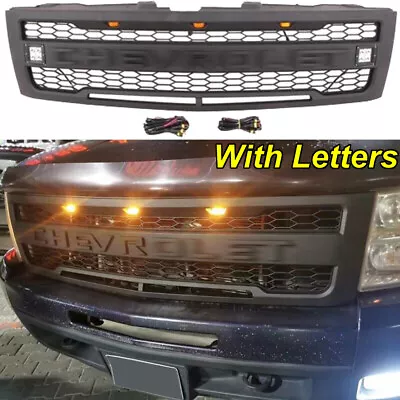 Front Grille For CHEVROLET Silverado 1500 2007-2013 W/Letters W/LEDs Matte Black • $259.95