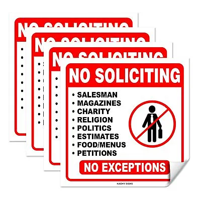 (Set Of 4) No Soliciting Sticker Sign 6  X 6  - Durable Self Adhesive 4 Mil V... • $9.95