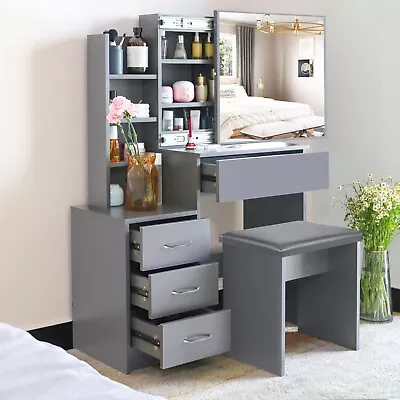 Dressing Table With Drawers Mirror Stool Set Makeup Desk Vanity Table Bedroom • £119.95