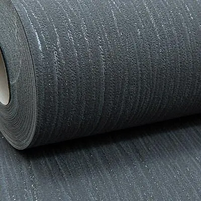 Grandeco Plain Black Charcoal Crystal Metallic Glitter Textured Vinyl Wallpaper • £12.99