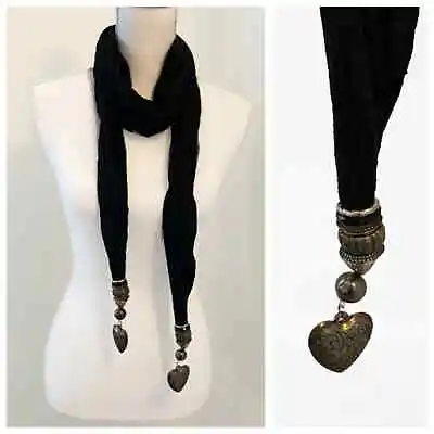 Black Bohemian Jersey Scarf With Heart Metal Boho Detais • $20