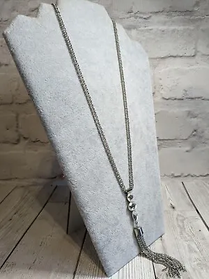 Long Tassel Necklace Pendant Silver Tone Clear Jewel 96cm • £6.25