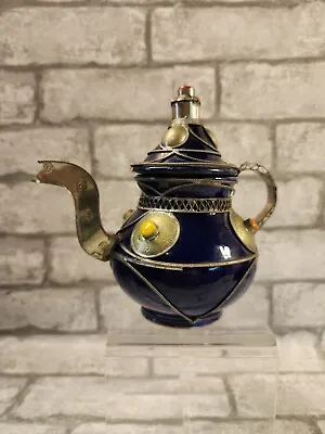 Arabic Blue Enameled Pottery Tea Pot Middle East Metal Embellishments Unique • $19.99
