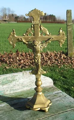 Antique Art Deco Brass Jesus Christ Standing Table  Cross Crucifix  Memento Mori • $195