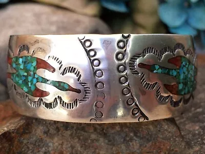 1970s VINTAGE NATIVE AMERICAN NAVAJO TURQUOISE CORAL CHIP STERLING BRACELET WOW • $115