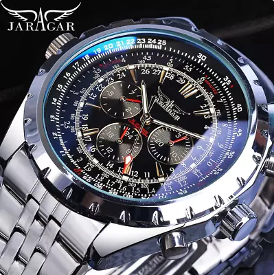 JARAGAR Automatic Mens Watch Luxury Chronograph Watches For Men Steel Watch Mens • £45