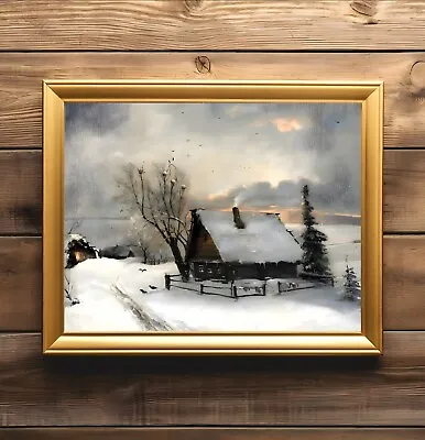 Rustic Winter Oil Painting Farmhouse Decor Vintage Cottage Antique Wall Art • $9.95