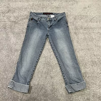 Y2K Mudd Low Rise Stretch Capri Jeans Denim Size 7 Medium Wash Cuffed 2000s • $15.99