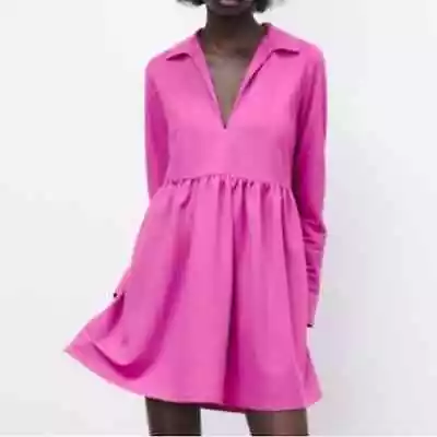 Zara Babydoll Collared Peplum Shirt Dress Fuschia Medium • $25