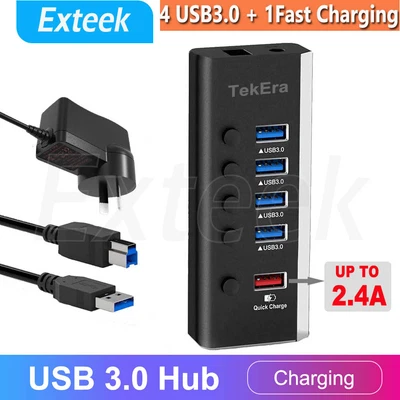 $36.95 • Buy USB 3.0 Hub With 4 USB 3.0 Data Ports + 1 USB Smart Charging Port Power Supply
