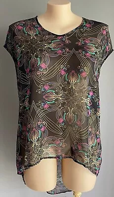 AUTOGRAPH Black/Multicolour Print Cap Sleeve Hi-Lo Hem Top Plus Sz 14 Semi Sheer • $14.99