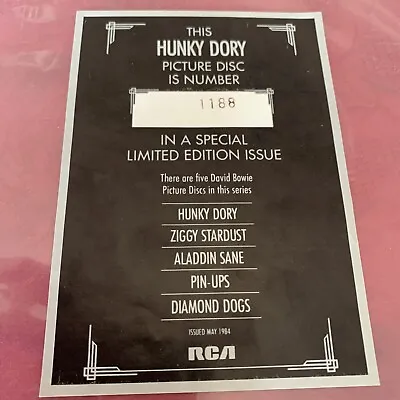 DAVID BOWIE Hunky Dory ORIGINAL Pic. Disc LP UK 1984 RCA NM Vinyl Ltd. No. 1188 • £59.95