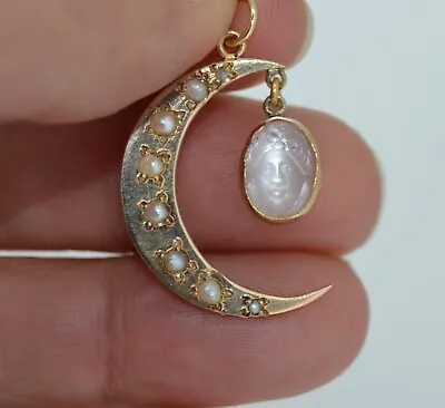 14K Victorian Carved Moonstone & Pearl Crescent Moon Pendant • $850