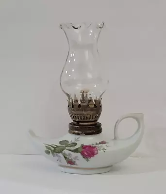 Vintage MINI OIL LAMP - Wick & Blown Glass Chimney - MOSS ROSE - Victorian Style • $9.99